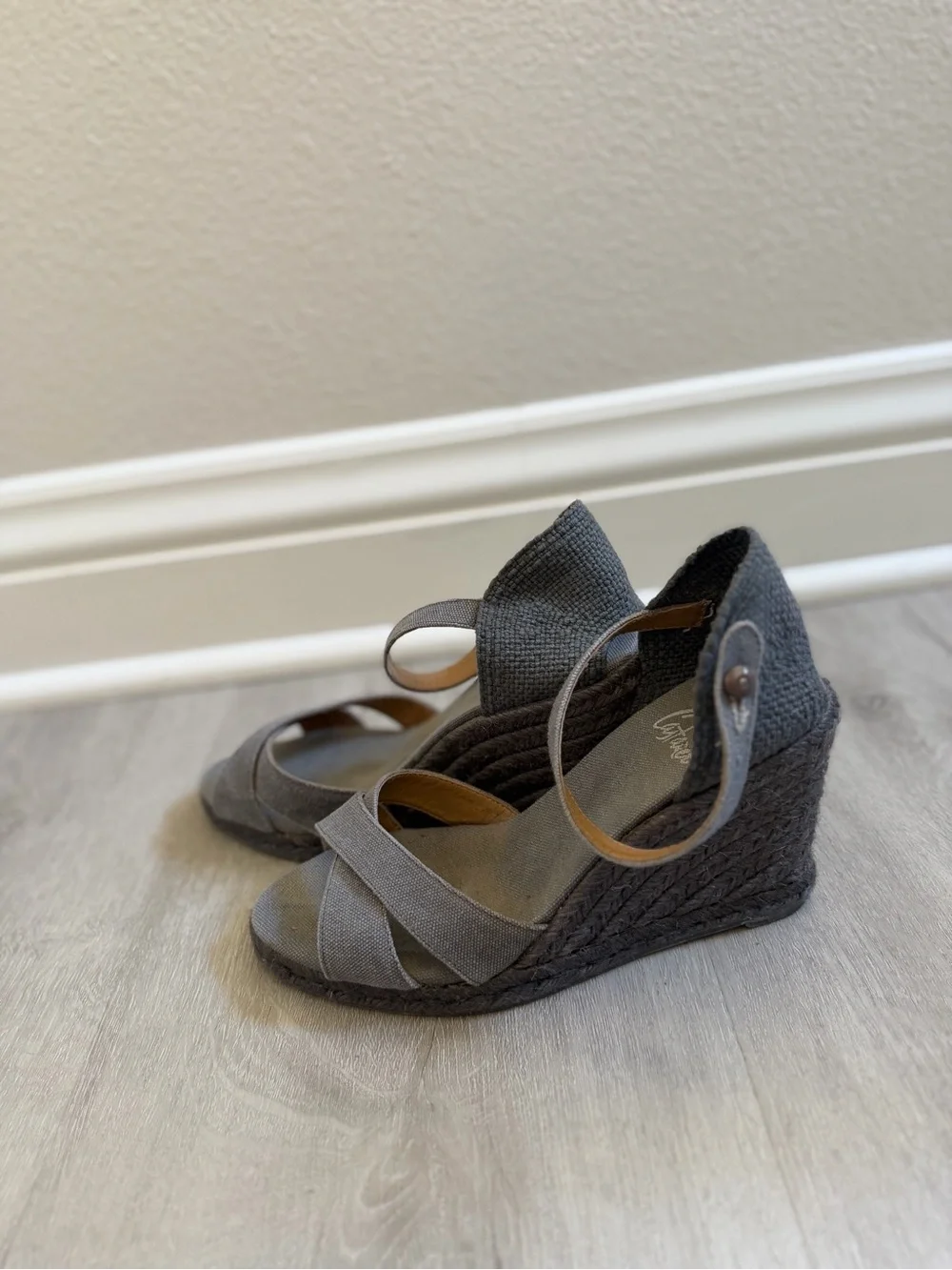Castaner Gray Cross-Strap Wedge Sandals with Ankle Buckle